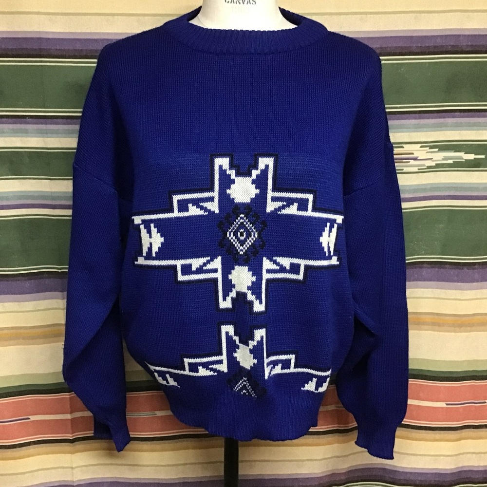 VTG 80s Bronzini Acrylic Knit Sweater Pullover Aztec Abstract Print RETRO Sz L